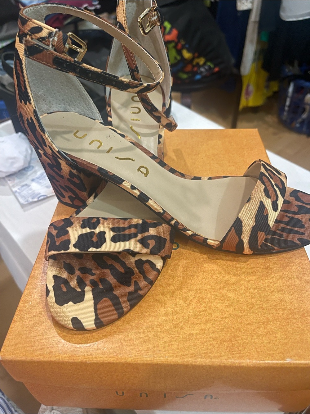 New! Unisa Leopard Print Ankle-Strap Block Heel Sandals - Brown/Black